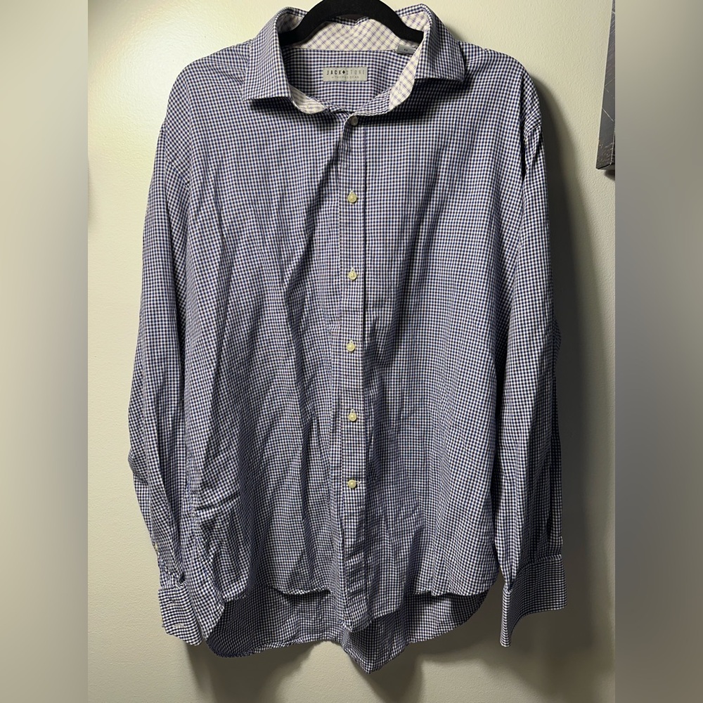 Jack Stone By Thomas Dean XL Flip Cuff Dress Shirt Blue Purple White Plaid check